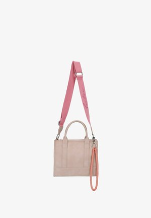 Lichtroze leren handtas met bovenhandgrepen en een afneembare, verstelbare roze schouderband. Kenmerkt zich door een ronde sleutelhanger met een koraalkleurige accenta.