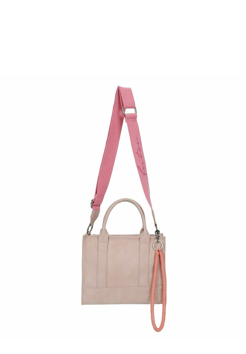 Lichtroze leren handtas met bovenhandgrepen en een afneembare, verstelbare roze schouderband. Kenmerkt zich door een ronde sleutelhanger met een koraalkleurige accenta.