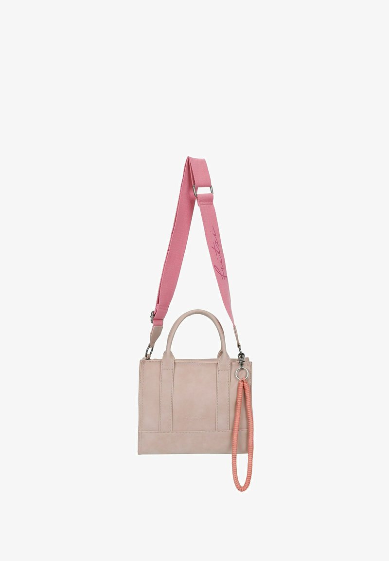 Lichtroze leren handtas met bovenhandgrepen en een afneembare, verstelbare roze schouderband. Kenmerkt zich door een ronde sleutelhanger met een koraalkleurige accenta.