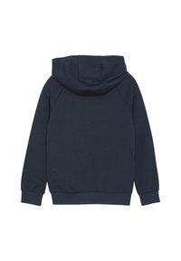Marineblå hettegenser laget av myk stoff, med stor hette, ribbede mansjetter og en avslappet passform med sømløse skuldre.
