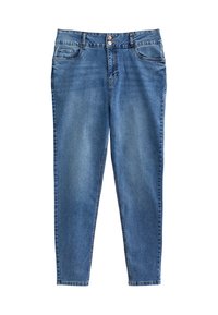 Jeans de mezclilla azul con forma ajustada, cintura de altura media, diseño de cinco bolsillos y un leve desvanecimiento. Cerrados con dos botones de cobre.