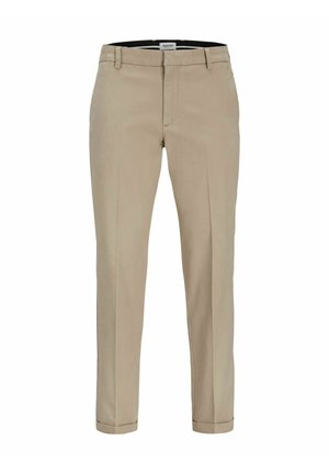 Pantalon beige coupe slim avec passants de ceinture, poches avant, braguette zippée et ourlets retroussés, présenté sur fond blanc.