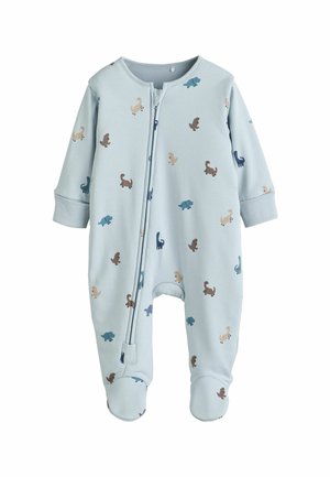 Hellblauer Baby-Strampler mit langen Ärmeln und Füßen, verziert mit kleinen Comic-Dinosauriern in Beige, Braun, Blau und Marine, Frontreißverschluss.