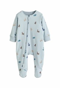 Hellblaues Füßchen-Overall aus weichem Stoff, verziert mit verschiedenen kleinen Dinosaurier-Mustern in Braun und Blau, mit einem Reißverschluss vorne.