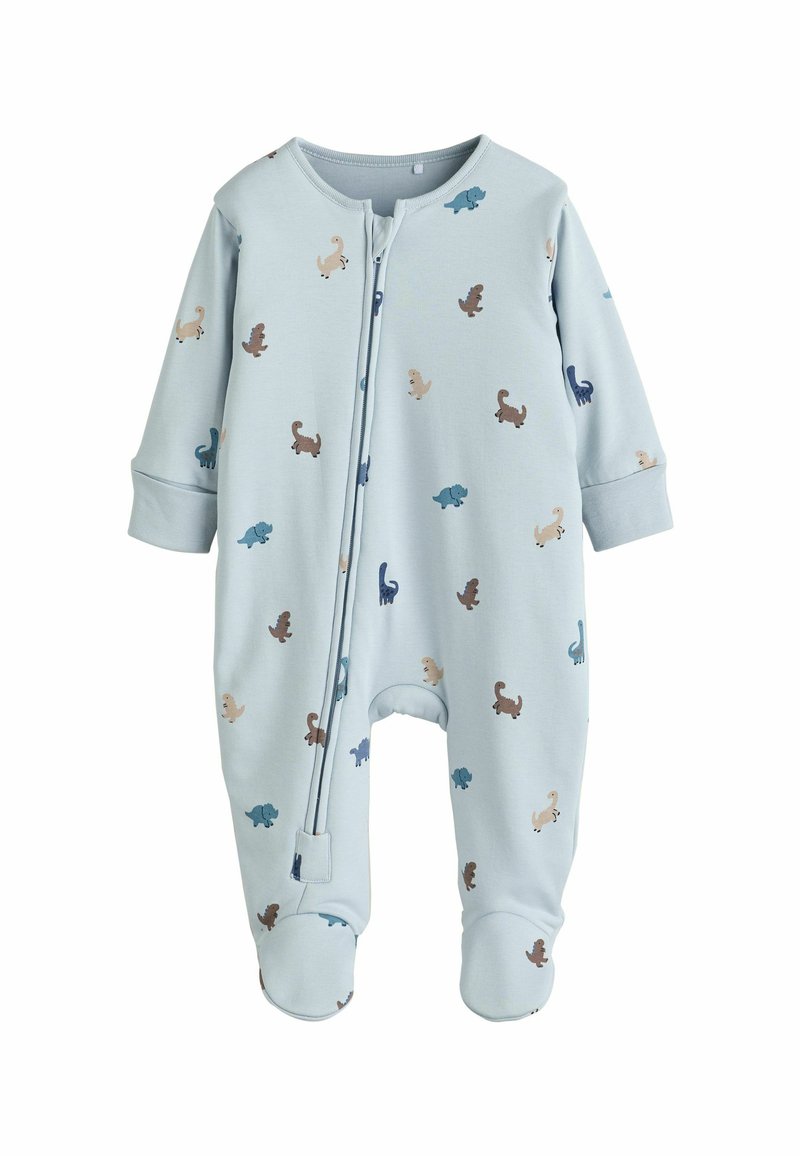 Hellblaues Füßchen-Overall aus weichem Stoff, verziert mit verschiedenen kleinen Dinosaurier-Mustern in Braun und Blau, mit einem Reißverschluss vorne.