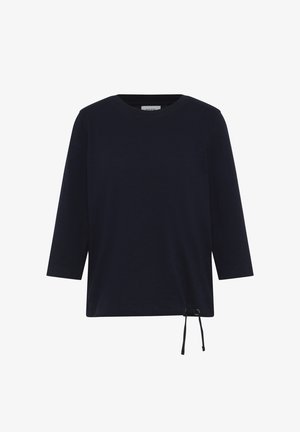 Chemise à manches longues bleu marine foncé avec un col rond et un cordon de serrage réglable au bas, sur fond blanc.