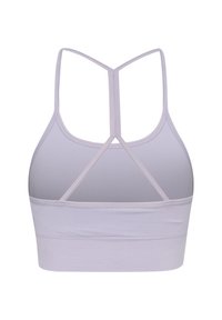 Lila sportbeha met een racerback-ontwerp. Gemaakt van zachte stof met een gestructureerde band en verstelbare schouderbanden. Minimalistische en functionele stijl.