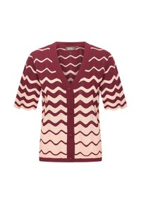 Wavy-patterned cardigan in burgundy and cream, short sleeves, V-neck, button front, made from textured knit material.