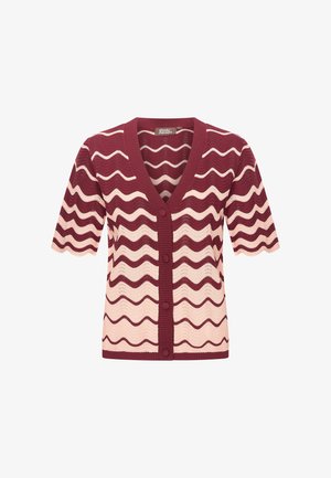 Wavy-patterned cardigan in burgundy and cream, short sleeves, V-neck, button front, made from textured knit material.