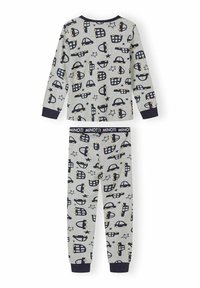 Set de pijama gri cu mâneci lungi și pantaloni, având modele cu mașini și stele de culoare albastru închis, brâu elastic și manșete ribburile la mâneci și glezne.