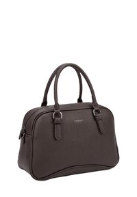 Donkerbruine leren handtas met een gestructureerde afwerking, dubbele handvatten, ronde vorm, ritssluiting en een subtiel logo aan de voorkant.