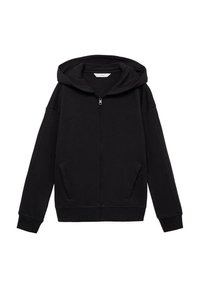 Zwarte zip-up hoodie met een ruime capuchon, zijzakken en geribbelde manchetten. Gemaakt van zachte stof met een gladde textuur, met een minimalistisch ontwerp.