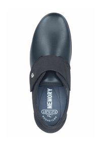 Black footwear with a smooth, leather-like upper and a black, suede strap. Memory foam insole marked "MEMORY." Rounded toe design.
