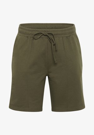 Shorts en coton vert olive avec une taille élastique et un cordon de serrage, dotés de deux poches latérales et de coutures propres et simples.