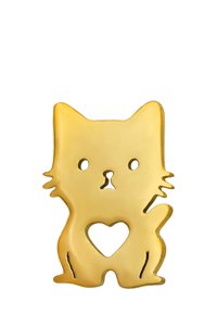 Chat en métal doré en forme de cœur découpé, avec de grands yeux, de courtes moustaches et une texture lisse. Présente un design simpliste et ludique.