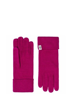 Pair of bright pink knitted gloves with folded cuffs, one glove showing front and the other showing back with a small tag.