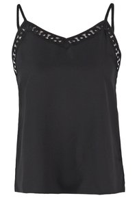 Black camisole top with thin straps, V-neckline, and lace accent detailing along the shoulders. Smooth fabric with a relaxed fit.