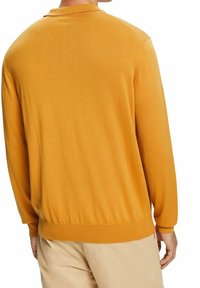 Senfgelber Strickpullover mit langen Ärmeln, Kragen und Rippenbund. Weicher Stoff und lässige Passform, die das Rückendesign präsentiert.