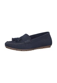 Navyblaue Wildleder-Mokassinschuhe mit abgerundeter Spitze, dekorativem Schleifchen und kontrastierender Naht an der Oberseite; flexible Gummisohle.