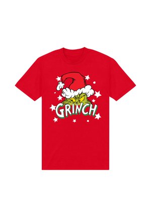 Červené bavlněné tričko s grafikou Grinche nosícího čepici Santa a textem "GRINCH" v tučném, hravém písmu, obklopené hvězdičkami.