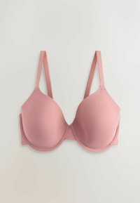 Soutien-gorge rose rembourré avec bretelles ajustables posé à plat sur un fond clair.