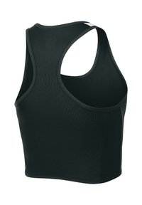 Zwarte sportieve crop top met een racerback ontwerp, gemaakt van rekbare stof met een gladde textuur en een vlakke zoomafwerking.