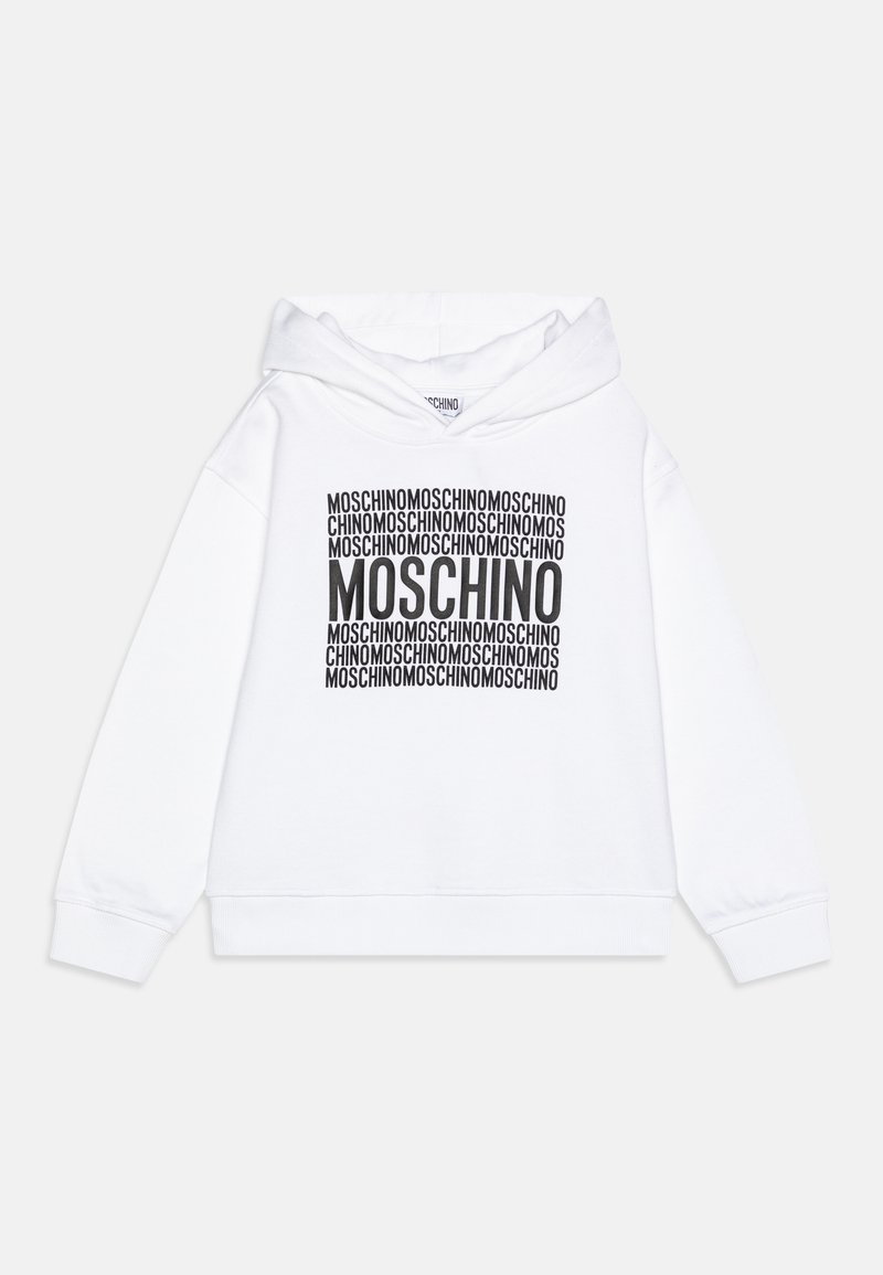 Felpa bianca in cotone, con logo nero ripetuto "MOSCHINO" stampato sul davanti, cappuccio regolabile con stringhe e polsini a coste.