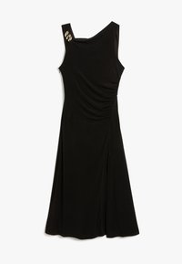 Schwarzes ärmelloses Kleid mit drapierter Gestaltung, seitlicher Raffungen und goldfarbenen Akzenten an der Schulter. Weicher Stoff und knielang.