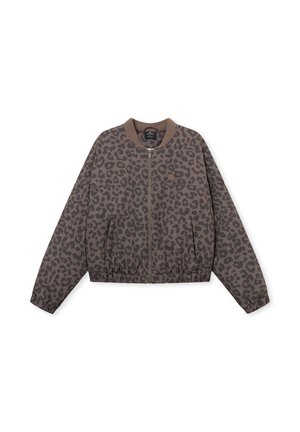 Bruine en donkergrijze bomberjas met luipaardprint, vooraan ritssluiting, geribde kraag, elastische manchetten en tailleband, plat gelegd op een witte achtergrond.