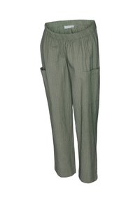 Lichtgroene, gestructureerde broek met een elastische tailleband, voorzien van twee zijzakken en een comfortabele pasvorm, geschikt voor casual kleding.