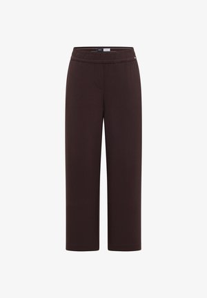 Donkerbruine broek met rechte pijpen, een elastische tailleband en subtiele naden aan de voorkant, ontworpen voor casual gebruik.