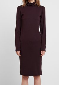 Mauve coltrui jurk, lange mouwen, aansluitend ontwerp, knie-lengte, zachte stof met een gladde textuur, minimalistische stijl, geen patronen of accenten.