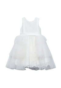 Abito bianco con design senza maniche, corpetto in pizzo e gonna in tulle a strati con una finitura testurizzata. Semplice fascia in vita.