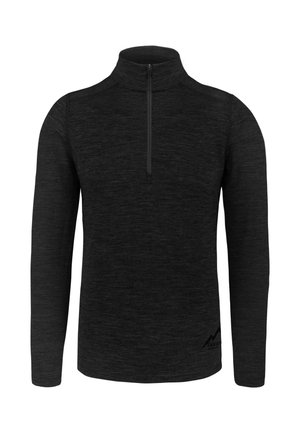 Schwarzer Pullover mit langen Ärmeln, hohem kragen und einem Viertel-Reißverschluss. Hergestellt aus strukturiertem Stoff mit einem subtilen Melange-Muster.