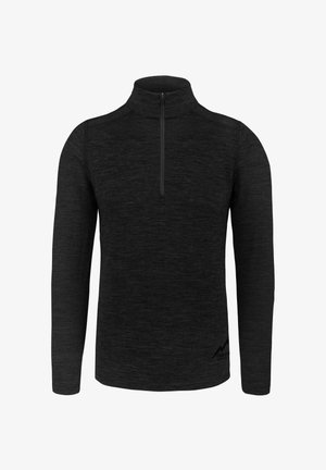 Schwarzer Pullover mit langen Ärmeln, hohem kragen und einem Viertel-Reißverschluss. Hergestellt aus strukturiertem Stoff mit einem subtilen Melange-Muster.