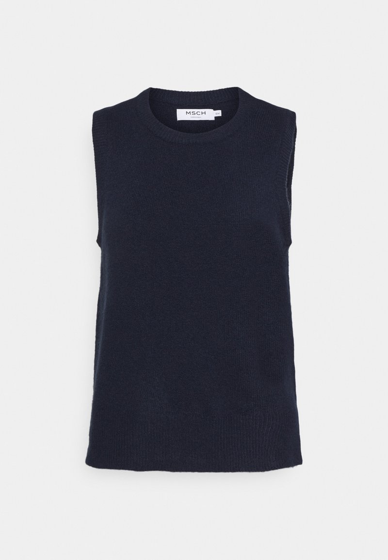 Gilet sans manches en tricot bleu marine avec col rond, étiquette MSCH, taille petite, sur un fond clair uni.
