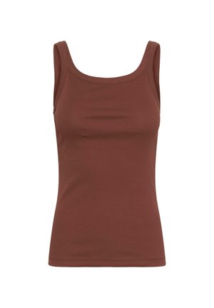 Kombinirani, bezrukavi rebrasti top tamno smeđe boje sa kvadratnim izrezom i pripijenim krojem, prikazan na bijeloj pozadini.