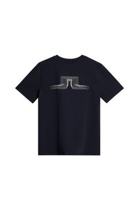 Marinblå bomulls T-shirt med ett geometriskt vitt linjemönster på baksidan, rund hals och korta ärmar med en avslappnad passform.