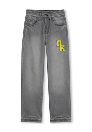 Pantalones vaqueros grises de mezclilla con corte recto, con bolsillos delanteros y letras amarillas "nk" en la parte superior del muslo izquierdo.