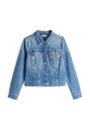 Light blue denim jacket with a collared neck, button front, two chest pockets, and long sleeves, featuring a slightly cropped design.