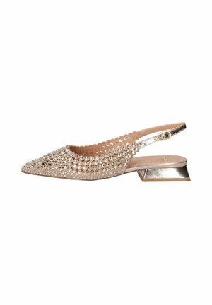 Scarpa slingback con punta affilata e tacco basso a blocco metallico, tomaia in mesh color nudo decorata con strass oro e argento.