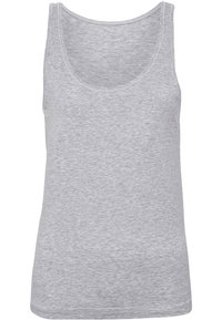 Grå, ærmeløs tanktop lavet af et blødt, let materiale. Har en rund halsudskæring og en afslappet pasform. Ingen synlige mønstre eller accenter.