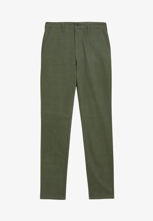 Pantalones ajustados color verde oliva con trabillas para cinturón, bolsillos laterales y cierre con botón en la cintura, mostrados planos sobre un fondo blanco.
