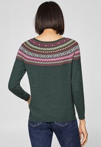 Maglione verde scuro con uno scollo decorato in rosa, bianco e marrone. Maniche lunghe, scollatura rotonda e vestibilità comoda. Tessuto morbido.