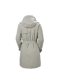 Jasnoszary, wodoodporny płaszcz trench z kapturem, paskiem w talii, guzikiem na plecach i regulowanymi mankietami. Gładka tekstura i elegancki design.
