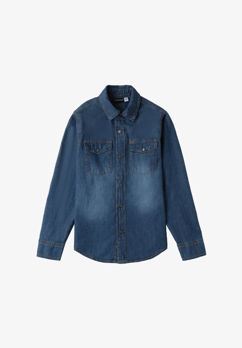 Granatowa koszula z denimu z zapięciem na guziki z przodu, dwiema kieszeniami na piersi, długimi rękawami i spiczastym kołnierzykiem. Lekkie przetarcia na ciele i rękawach.