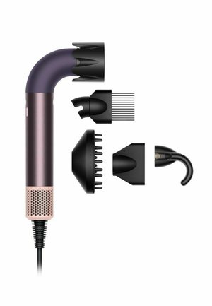Föhn met vijf afneembare zwarte stylingopzetstukken rondom de gebogen, metallic paarse en roségouden behuizing.