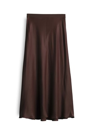 Brown satin maxi skirt with a smooth texture, featuring a wide waistband and flared hem, providing a flowy design and elegant silhouette.