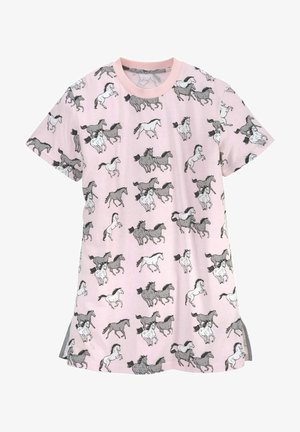 T-shirt rosa a maniche corte con un motivo di cavalli al galoppo in grigio e bianco. Tessuto morbido con scollatura tonda e spacchetti laterali.