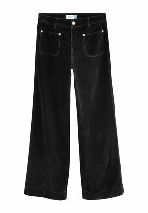Schwarz Cordhose mit weitem Bein und strukturiertem Finish, ausgestattet mit einer goldenen Knopfverschlüsse, zwei vorderen Taschen und dezenten Nähten.
